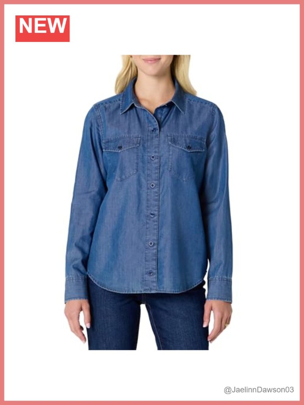 Womens Relaxed Fit Cotton Lyocell Blend Denim Chambray Button-Down Shirt